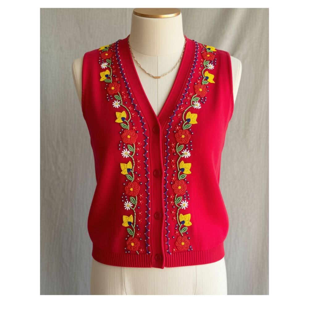 The Limited Vintage 90s Red Floral Beaded Cotton Sweater Vest S